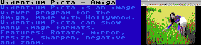 Videntium Picta - Amiga | Videntium Picta is an image viewer program for the Amiga, made with Hollywood. Videntium Picta can show many image formats. Features: Rotate, mirror, resize, sharpen, negative and zoom.