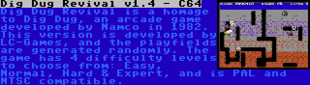 Dig Dug Revival v1.4 - C64 | Dig Dug Revival is a homage to Dig Dug, an arcade game developed by Namco in 1982. This version is developed by LC-Games, and the playfields are generated randomly. The game has 4 difficulty levels to choose from: Easy, Normal, Hard & Expert, and is PAL and NTSC compatible.