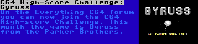 C64 High-Score Challenge: Gyruss | On the Everything C64 forum you can now join the C64 High-score Challenge. This month the game is Gyruss from the Parker Brothers.