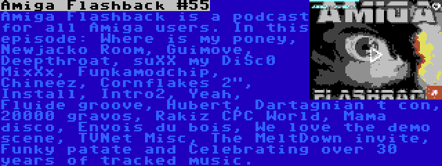 Amiga Flashback #55 | Amiga Flashback is a podcast for all Amiga users. In this episode: Where is my poney, Newjacko Room, Guimove, Deepthroat, suXX my DiSc0 MixXx, Funkamodchip, Chineez, Cornflakes 2, Install, Intro2, Yeah, Fluide groove, Hubert, Dartagnian t con, 20000 gravos, Rakiz CPC World, Mama disco, Envois du bois, We love the demo scene, TVNet Misc, The MeltDown invite, Funky patate and Celebrating over 30 years of tracked music.