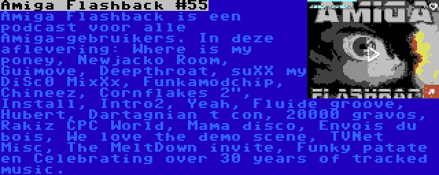 Amiga Flashback #55 | Amiga Flashback is een podcast voor alle Amiga-gebruikers. In deze aflevering: Where is my poney, Newjacko Room, Guimove, Deepthroat, suXX my DiSc0 MixXx, Funkamodchip, Chineez, Cornflakes 2, Install, Intro2, Yeah, Fluide groove, Hubert, Dartagnian t con, 20000 gravos, Rakiz CPC World, Mama disco, Envois du bois, We love the demo scene, TVNet Misc, The MeltDown invite, Funky patate en Celebrating over 30 years of tracked music.